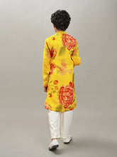 Boys yellow & red floral printed kurta with a off white pajama